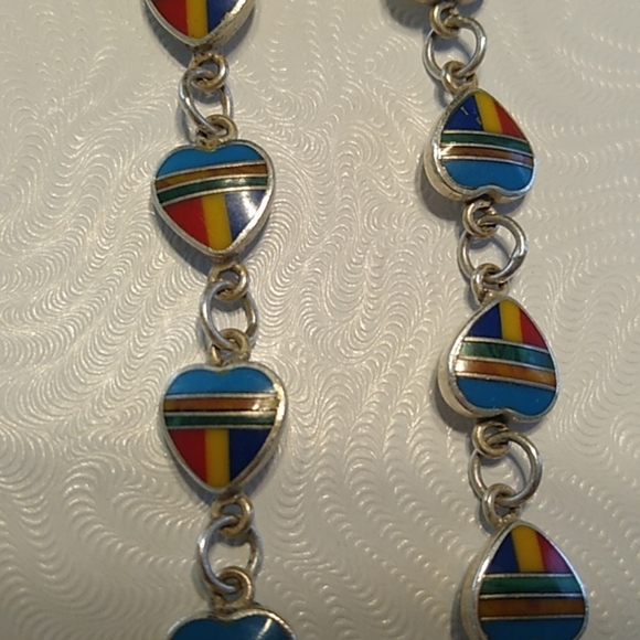 Inlay Stone Heart Link Love All Around Sterling Silver 925 Bracelet 7" - Picture 3 of 5